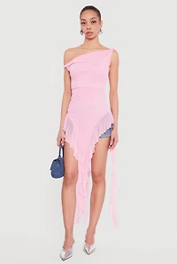 One Shoulder Twist Sleeve Ruffle Mesh Blouse