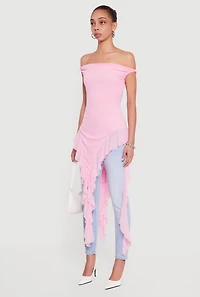 Off Shoulder Twist Sleeve Ruffle Mesh Blouse