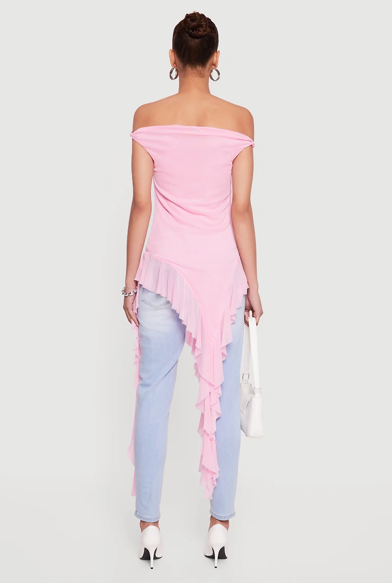 Off Shoulder Twist Sleeve Ruffle Mesh Blouse