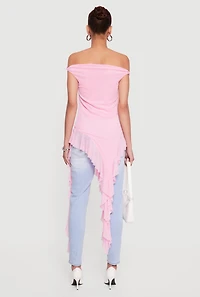 Off Shoulder Twist Sleeve Ruffle Mesh Blouse