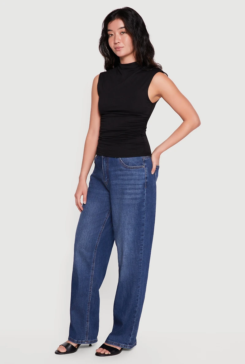 Sleeveless Soft Knit Mock Neck Blouse with Side Ruched Detail