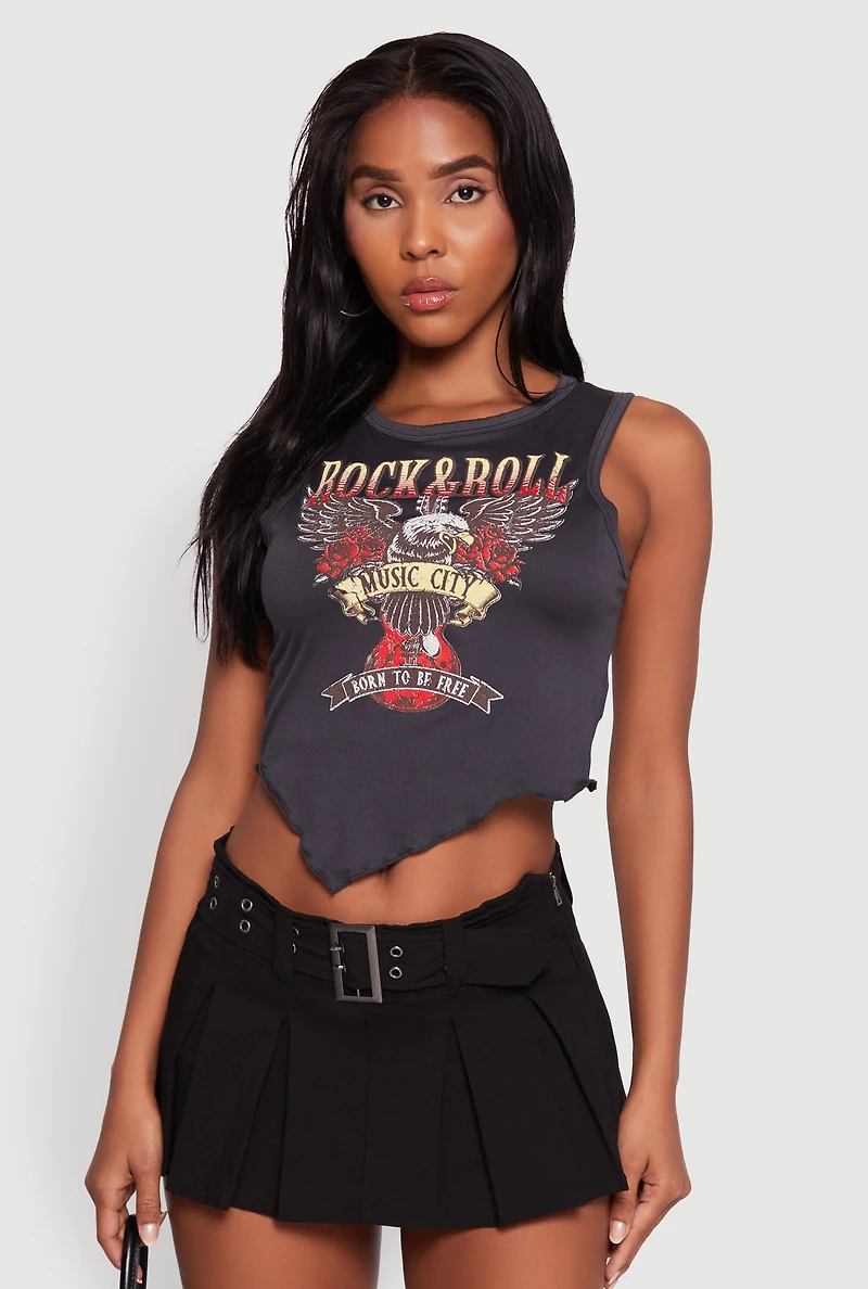 Womens Rock and Roll Graphic Cropped Tank Top, Grey, Size XL