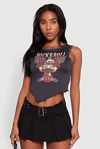 Womens Rock and Roll Graphic Cropped Tank Top, Grey, Size XL