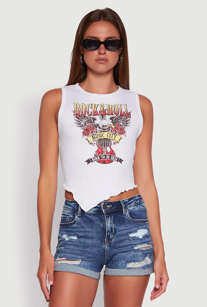 Womens Rock and Roll Graphic Cropped Tank Top, White, Size XL