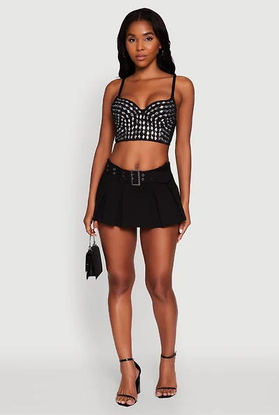 Womens Gemstone Faux Pearl Beaded Bustier Top, Black, Size L