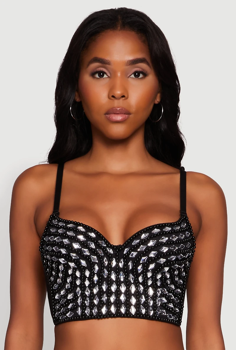 Womens Gemstone Faux Pearl Beaded Bustier Top, Black, Size L