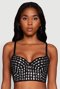 Womens Gemstone Faux Pearl Beaded Bustier Top, Black, Size L
