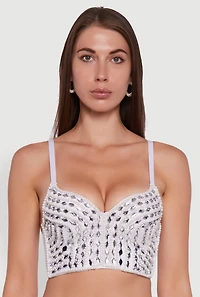 Womens Gemstone Faux Pearl Beaded Bustier Top, White, Size L