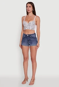 Womens Gemstone Faux Pearl Beaded Bustier Top, White, Size L