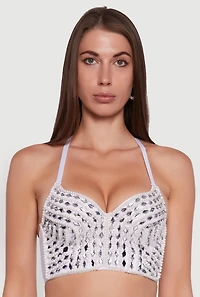 Womens Gemstone Faux Pearl Beaded Bustier Top, White, Size L