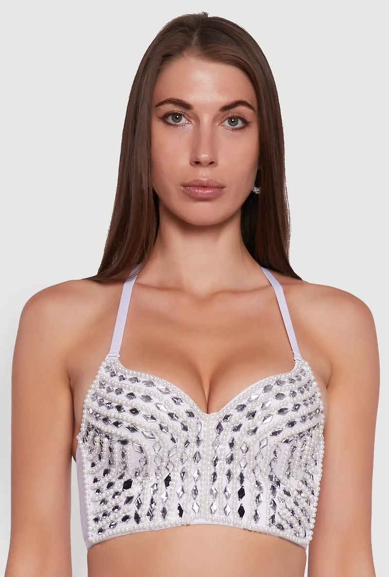Womens Gemstone Faux Pearl Beaded Bustier Top, White, Size S
