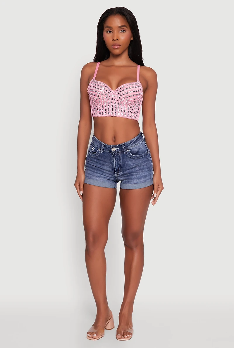 Womens Gemstone Faux Pearl Beaded Bustier Top, Pink, Size M