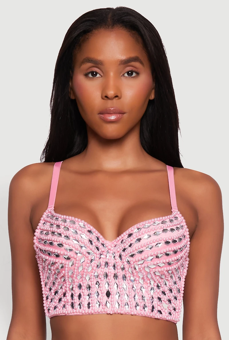 Womens Gemstone Faux Pearl Beaded Bustier Top, Pink, Size M