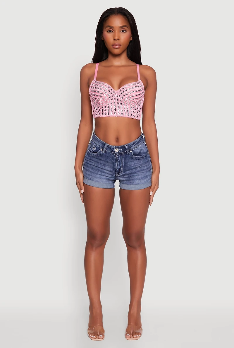 Womens Gemstone Faux Pearl Beaded Bustier Top, Pink, Size M