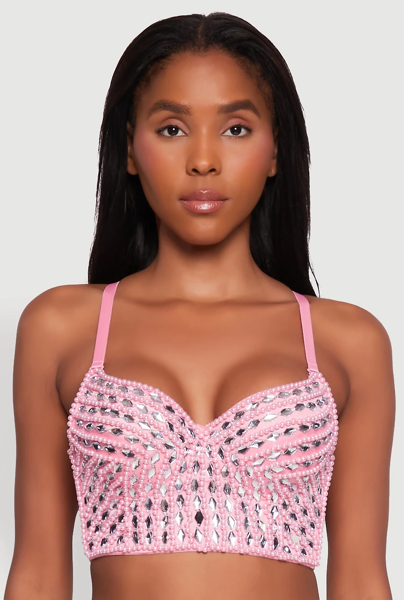 Womens Gemstone Faux Pearl Beaded Bustier Top, Pink, Size M