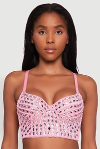 Womens Gemstone Faux Pearl Beaded Bustier Top, Pink, Size M
