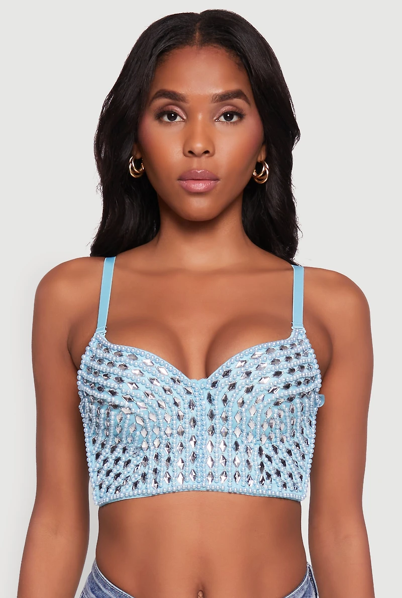 Womens Gemstone Faux Pearl Beaded Bustier Top,