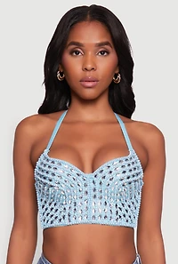 Womens Gemstone Faux Pearl Beaded Bustier Top,