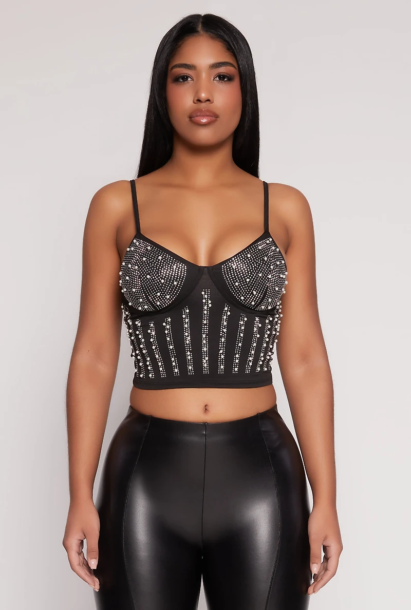 Faux Pearl Rhinestone Bustier Top