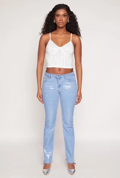 Womens Faux Pearl Rhinestone Bustier Top, White, Size L