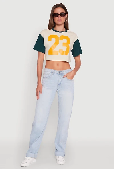 Womens Trendy 23 Graphic Crew Neck Cropped Baseball Tee, Multi, Size XL