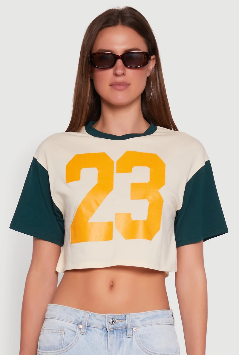 Womens Trendy 23 Graphic Crew Neck Cropped Baseball Tee, Multi,