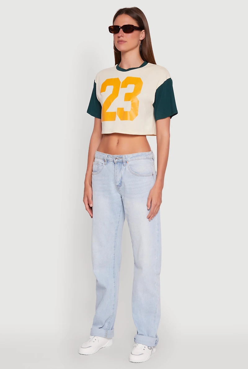 Womens Trendy 23 Graphic Crew Neck Cropped Baseball Tee, Multi,