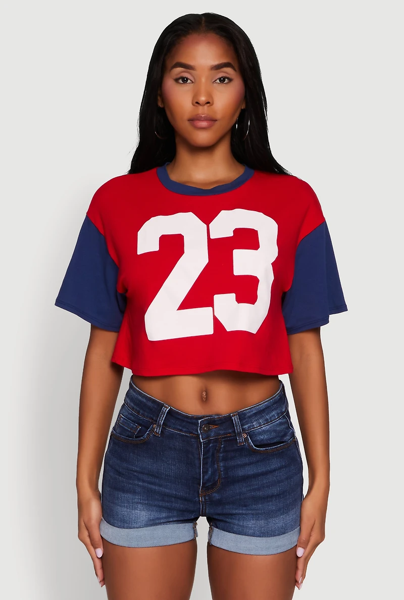 Trendy 23 Graphic Crew Neck Cropped Baseball Tee