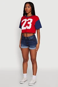 Womens Trendy 23 Graphic Crew Neck Cropped Baseball Tee, Multi, Size M