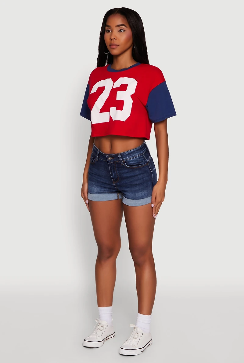 Womens Trendy 23 Graphic Crew Neck Cropped Baseball Tee, Multi, Size M