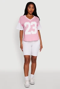 Womens Trendy 23 Graphic V Neck Baseball Tee, Pink, Size XL