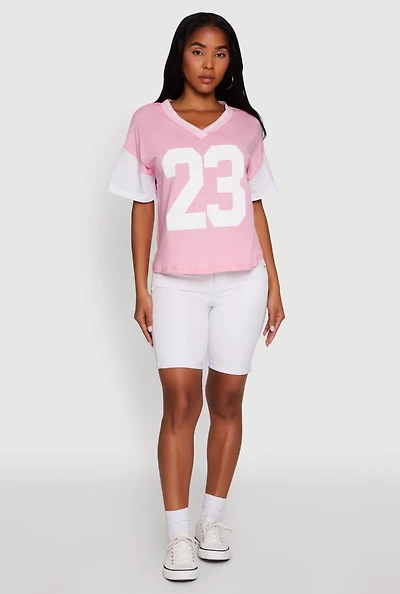 Womens Trendy 23 Graphic V Neck Baseball Tee, Pink, Size S