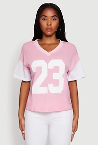 Womens Trendy 23 Graphic V Neck Baseball Tee, Pink, Size S