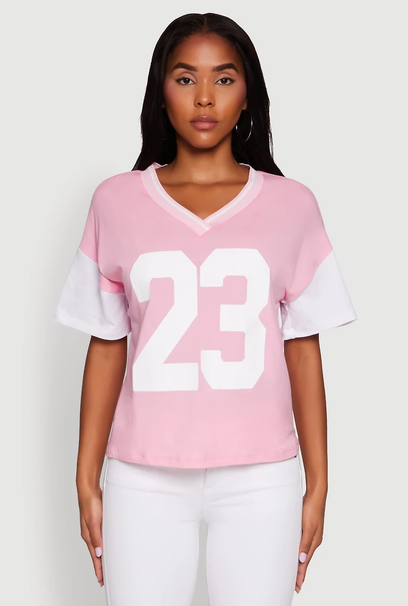 Womens Trendy 23 Graphic V Neck Baseball Tee, Pink, Size XL