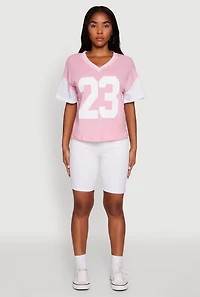 Womens Trendy 23 Graphic V Neck Baseball Tee, Pink, Size S