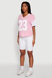 Womens Trendy 23 Graphic V Neck Baseball Tee, Pink, Size XL