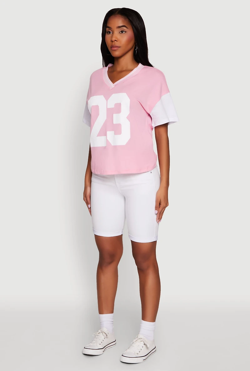 Womens Trendy 23 Graphic V Neck Baseball Tee, Pink,