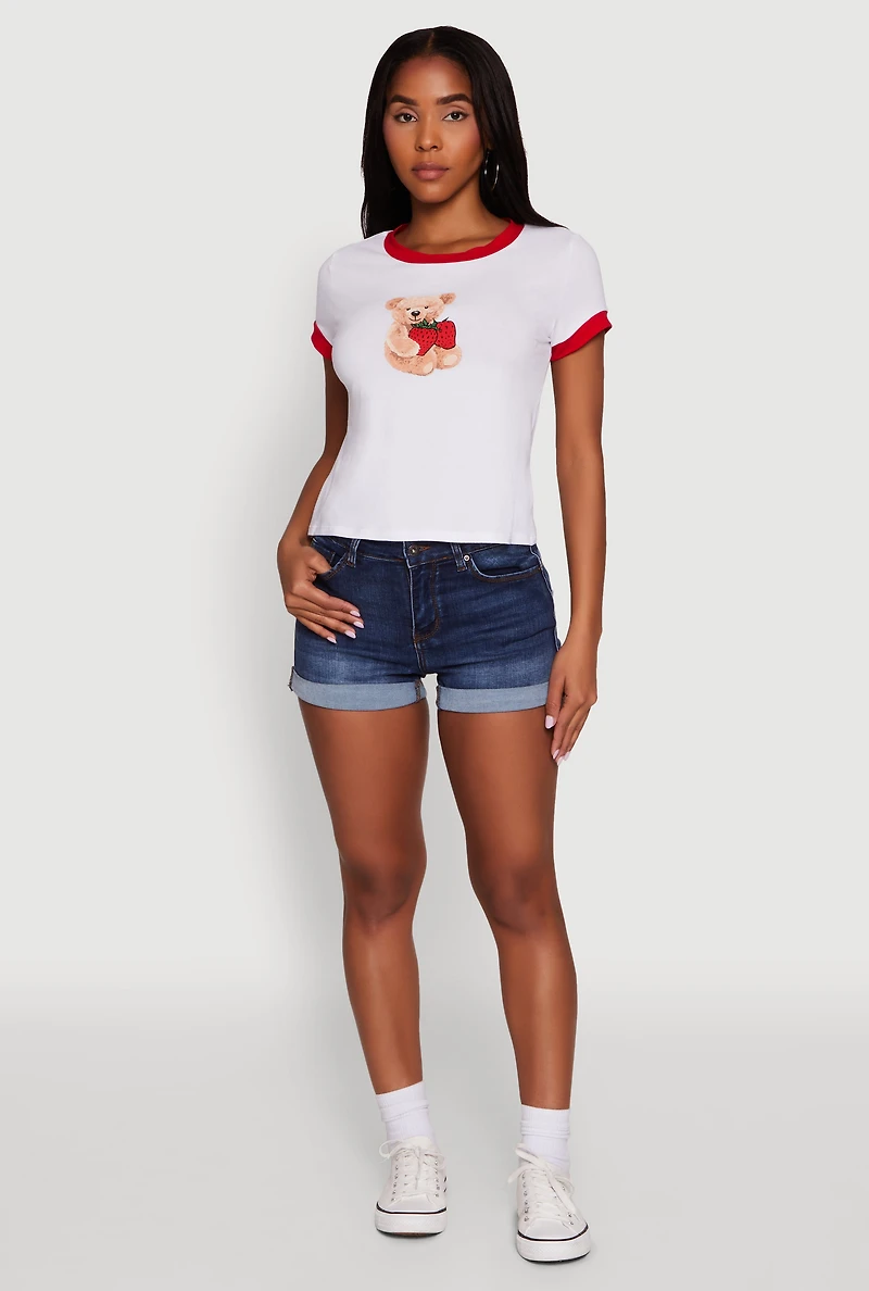 Womens Trendy Graphic Strawberry Teddy Ringer T-Shirt, White, Size L