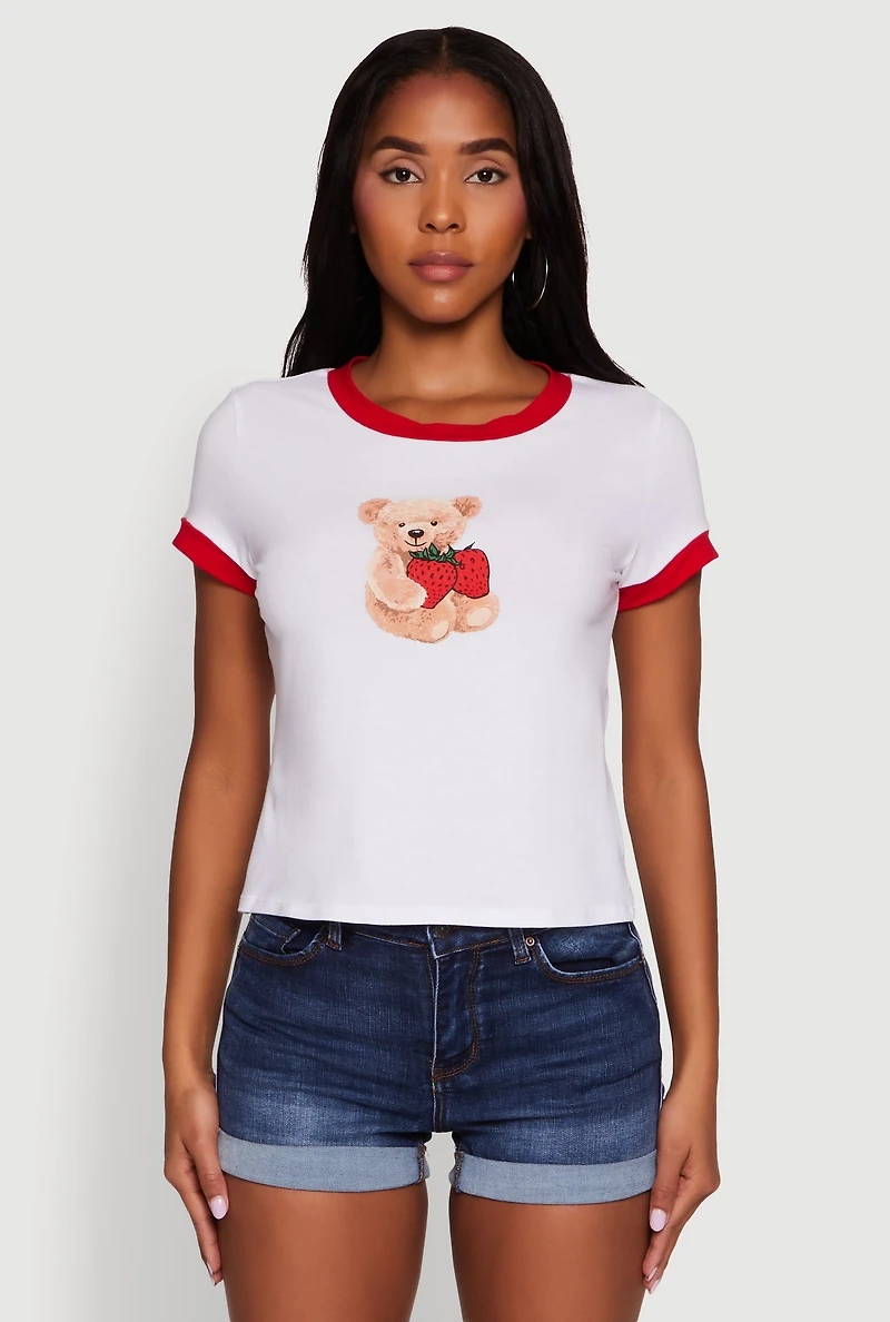 Womens Trendy Graphic Strawberry Teddy Ringer T-Shirt, White, Size L
