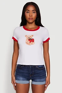 Womens Trendy Graphic Strawberry Teddy Ringer T-Shirt, White, Size L