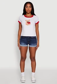 Womens Trendy Graphic Strawberry Teddy Ringer T-Shirt, White, Size L