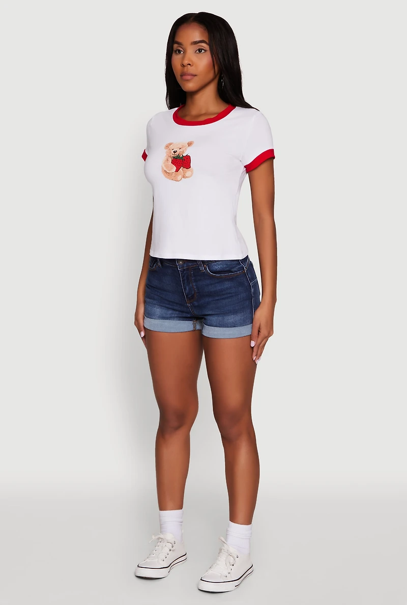 Womens Trendy Graphic Strawberry Teddy Ringer T-Shirt, White, Size L