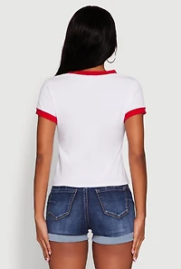 Womens Trendy Graphic Strawberry Teddy Ringer T-Shirt, White, Size L