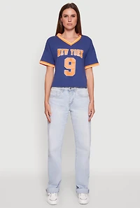 Womens Trendy Graphic New York 9 V-Neck Football T-Shirt, Blue,