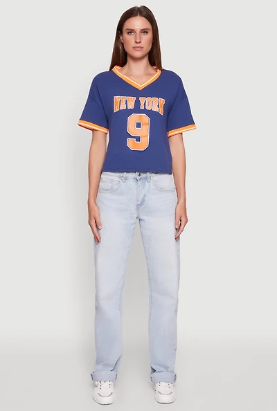 Womens Trendy Graphic New York 9 V-Neck Football T-Shirt, Blue, Size L