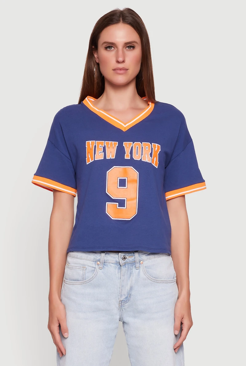 Womens Trendy Graphic New York 9 V-Neck Football T-Shirt, Blue, Size S