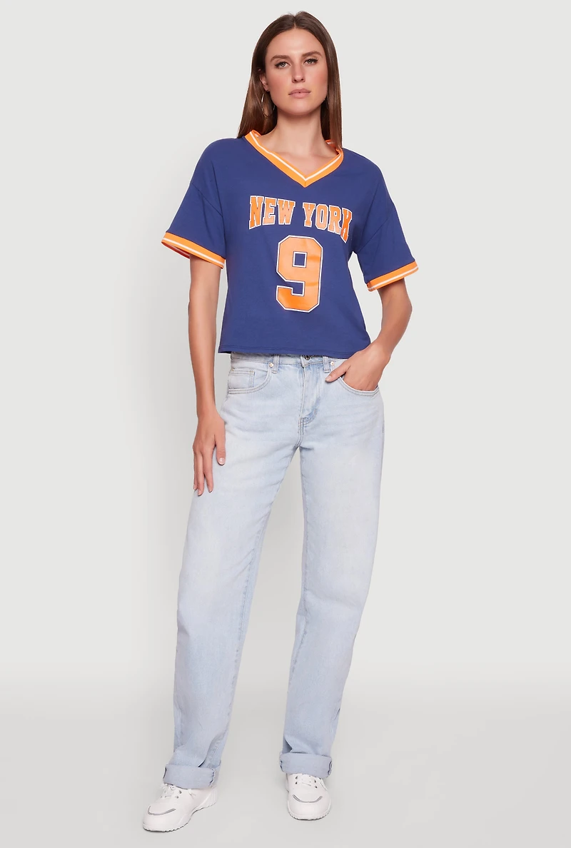 Womens Trendy Graphic New York 9 V-Neck Football T-Shirt, Blue, Size S