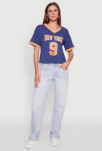 Womens Trendy Graphic New York 9 V-Neck Football T-Shirt, Blue, Size S