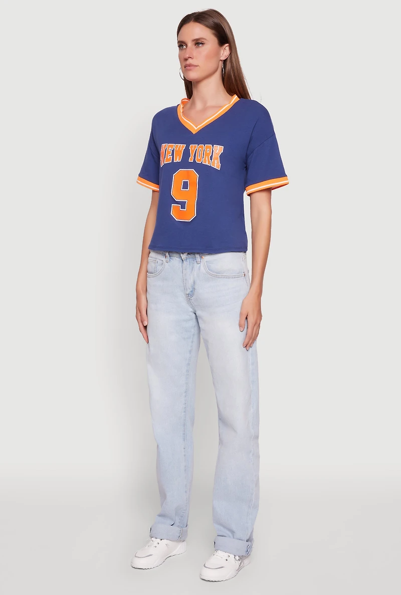 Womens Trendy Graphic New York 9 V-Neck Football T-Shirt, Blue, Size S