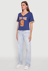Womens Trendy Graphic New York 9 V-Neck Football T-Shirt, Blue, Size S